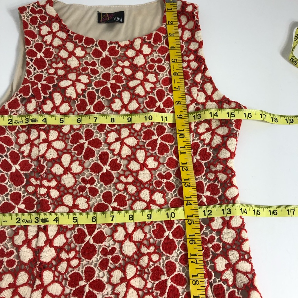 Yumi Embroidered Lace Overlay Red Cream Dress 4 - Picture 7 of 8